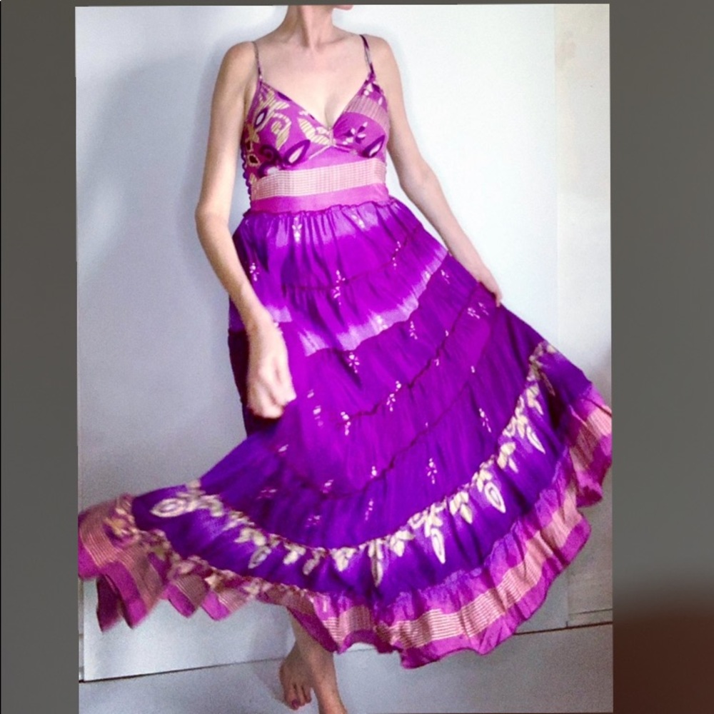 Brilliant Magical Purple Tiered Maxi Dress Made from Vintage Silk.